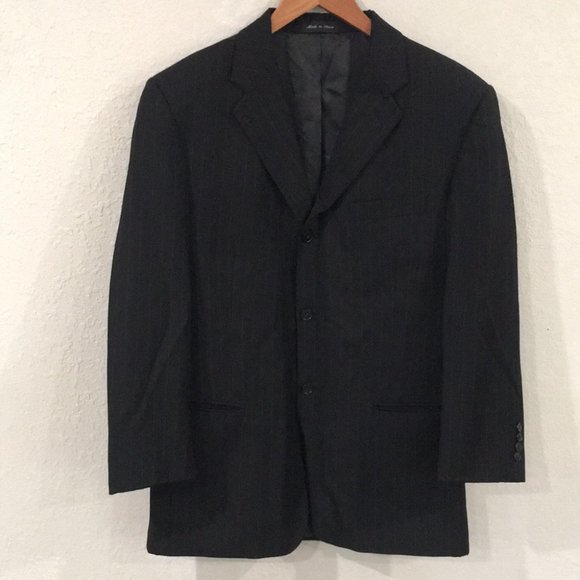 Pierre Cardin Men's 100% Wool Pin Striped Black Suit 42R 2 Piece - Picture 2 of 16